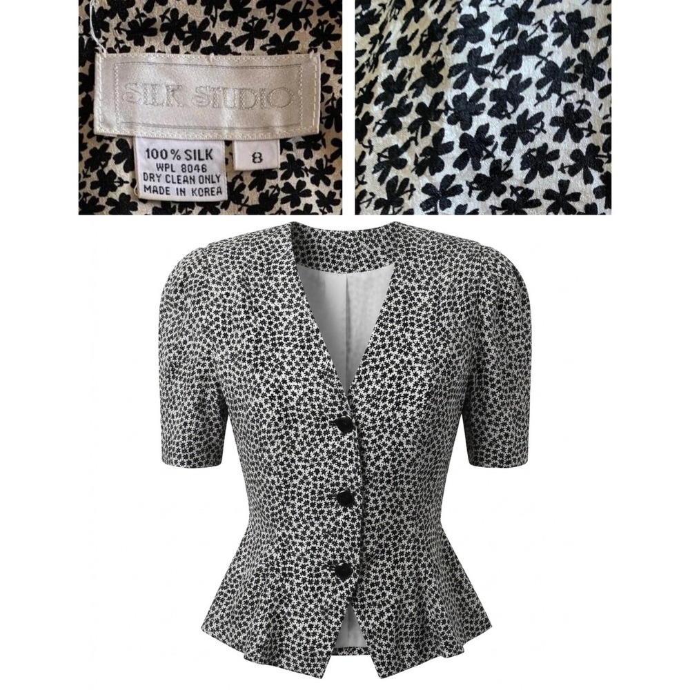 Silk Studio Vintage Silk Peplum Top Black White Floral Short Sleeve Blouse 8